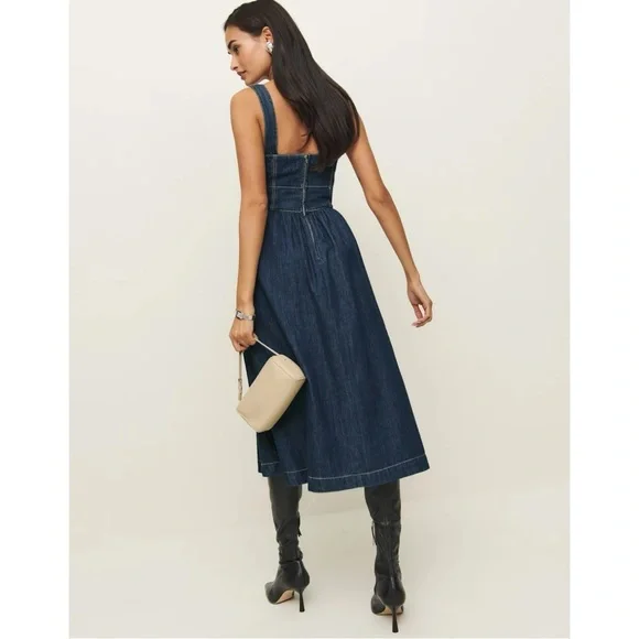 Reformation Jeans Tagliatelle Dark Wash Blue Denim Midi Dress sz 6 - Picture 13 of 15